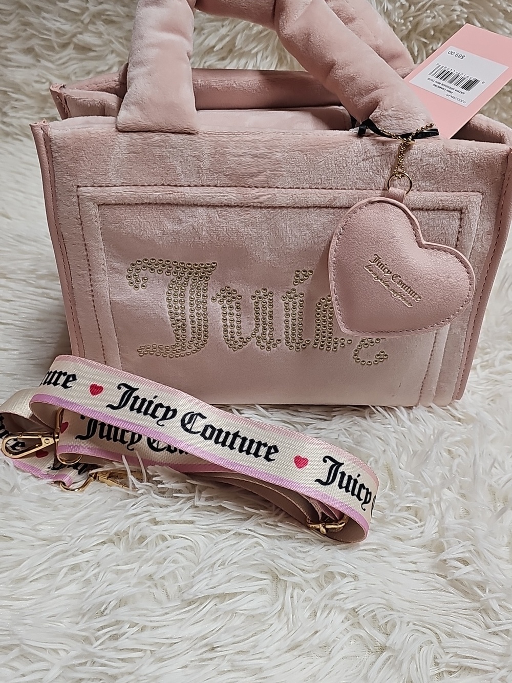 Juicy Couture Pink Mini Velour Logo Tote Crossbody Shoulder Hand Bag - Picture 13 of 14